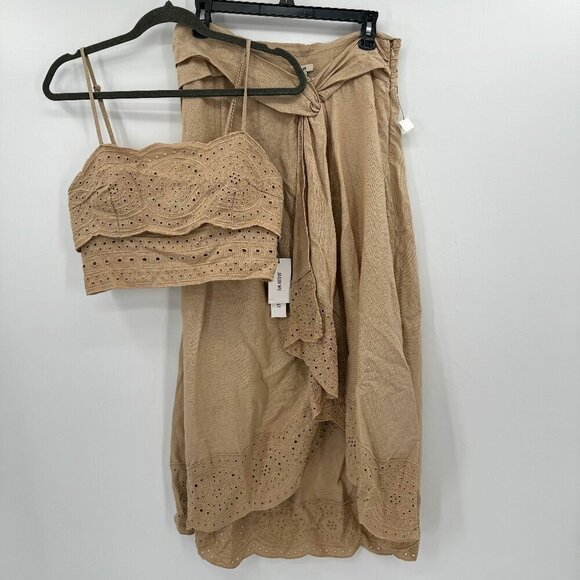 Jason Wu Tan Beige Linen Wrap Eyelet Cropped Smocked Midi Skirt Tank 6 Set NWT